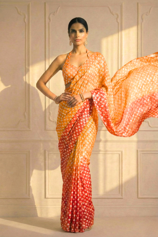 Dhiyona ST Sunset Orange and Yellow Ombre' Knitted Printed Sequin Saree with Blouse Fabric