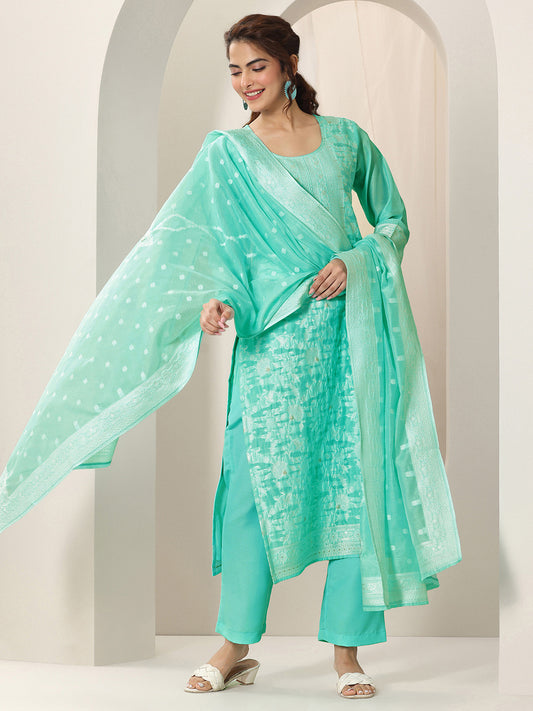 Floral Woven Design Chanderi Silk Straight Kurta With Trouser & Dupatta