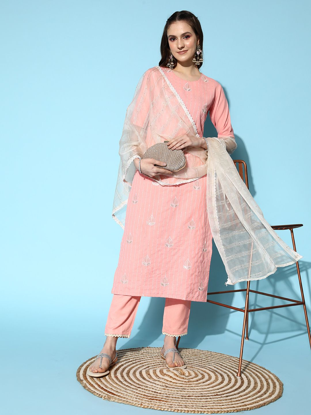 Dhiyona IE Women Peach-Coloured Ethnic Motifs Embroidered Sequinned Kurta Set