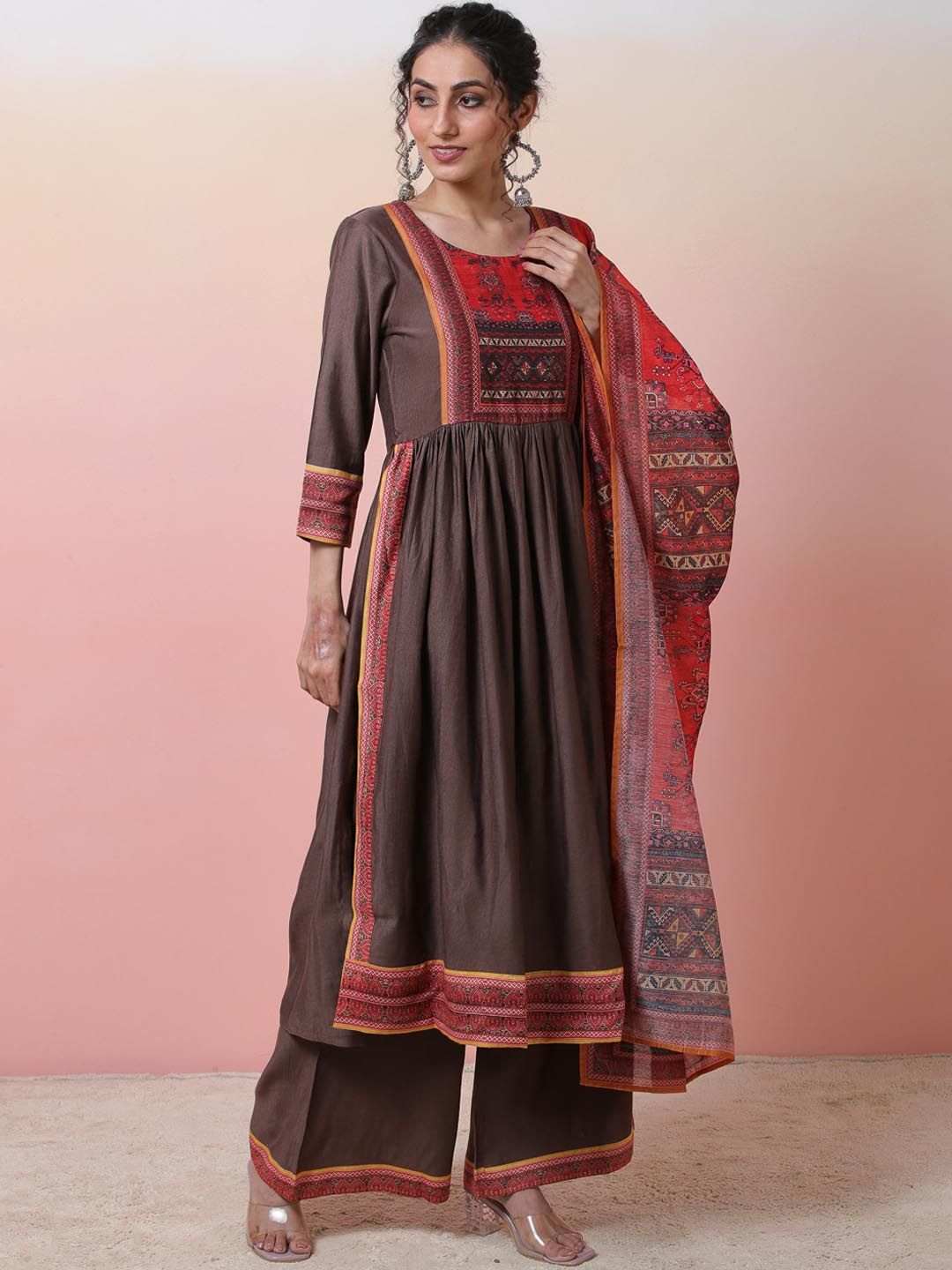 Dhiyona SN Ethnic Motifs Printed Round Neck A-line Kurta With Palazzos & Dupatta