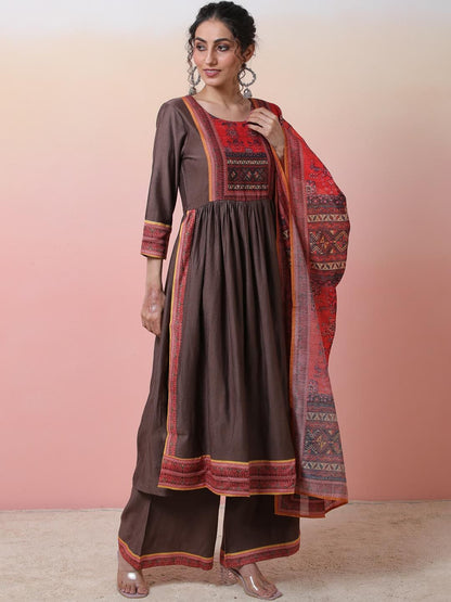 Dhiyona SN Ethnic Motifs Printed Round Neck A-line Kurta With Palazzos & Dupatta