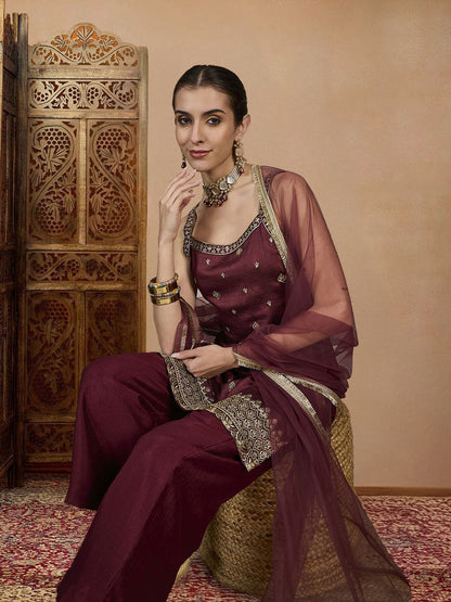 Dhiyona PD Women Embroidered Kurta, Palazzo & Dupatta Set