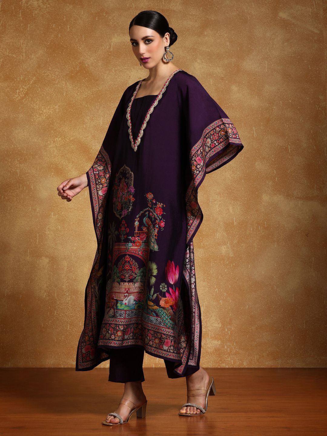 Purple Ethnic Motifs Printed Sequinned Square Neck Kaftan Kurta With Trousers