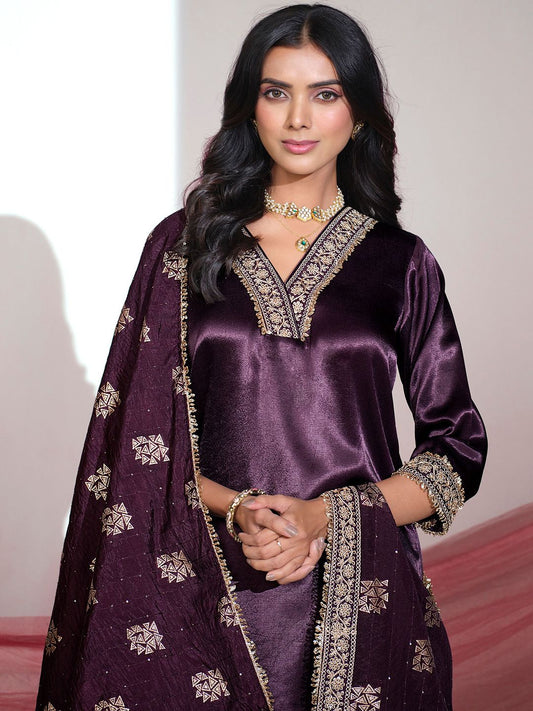 Dhiyona SN Floral Yoke Design V-Neck Sequinned Satin Kurta With Palazzos & Dupatta