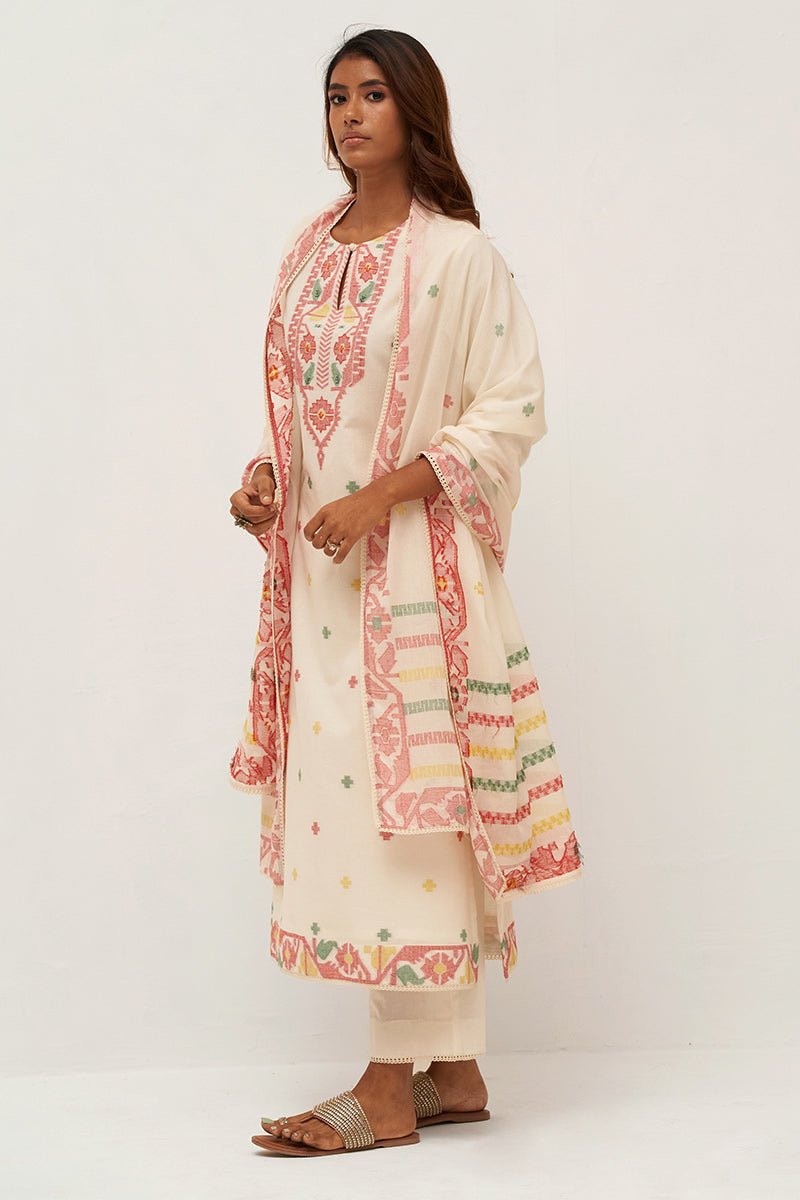 Women's Ivory and Red Cotton Woven Kurta Set