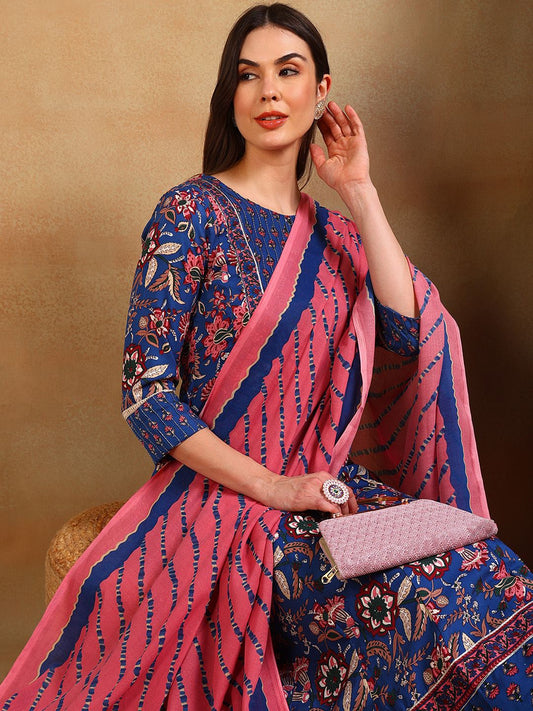 Dhiyona KL Ethnic Motifs Printed A-Line Kurta With Trousers & Dupatta