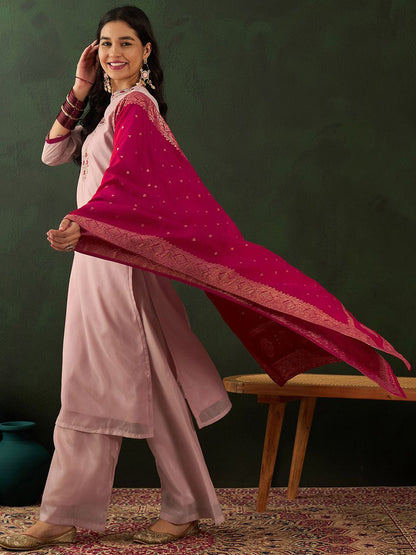 Dhiyona SN Peach Floral Embroidered V-Neck Straight Kurta With Palazzo & Dupatta
