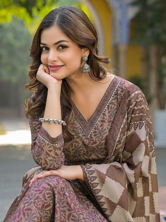 Dhiyona KL Floral Printed V Neck Gotta Patti Straight Kurta With Trousers & Dupatta