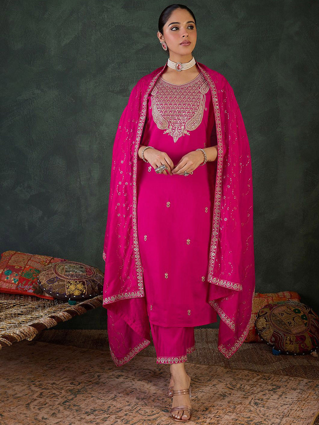 Women Embroidered Regular Sequinned Kurta Set