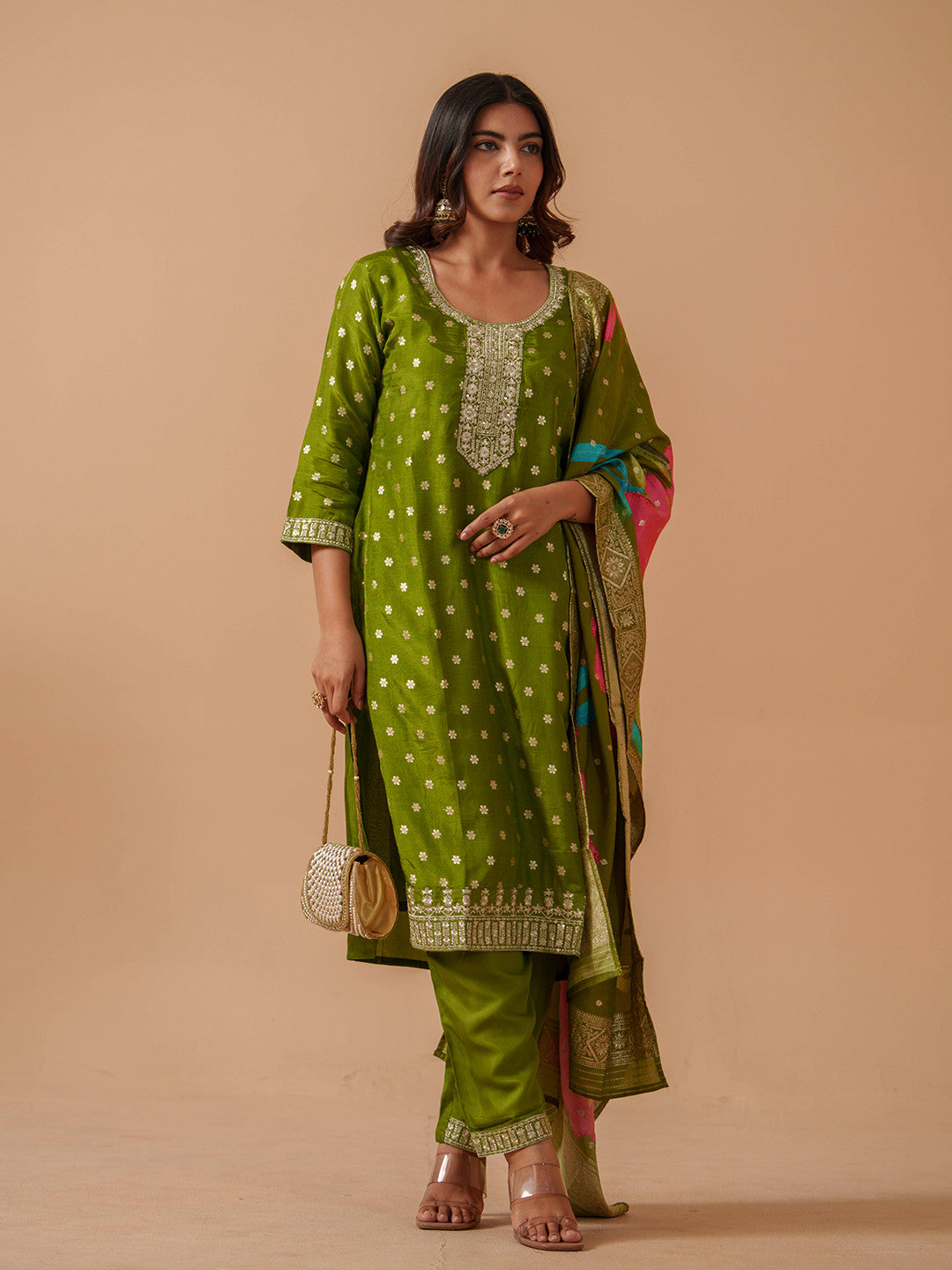 Floral Embroidered Kurta With Trousers & Dupatta