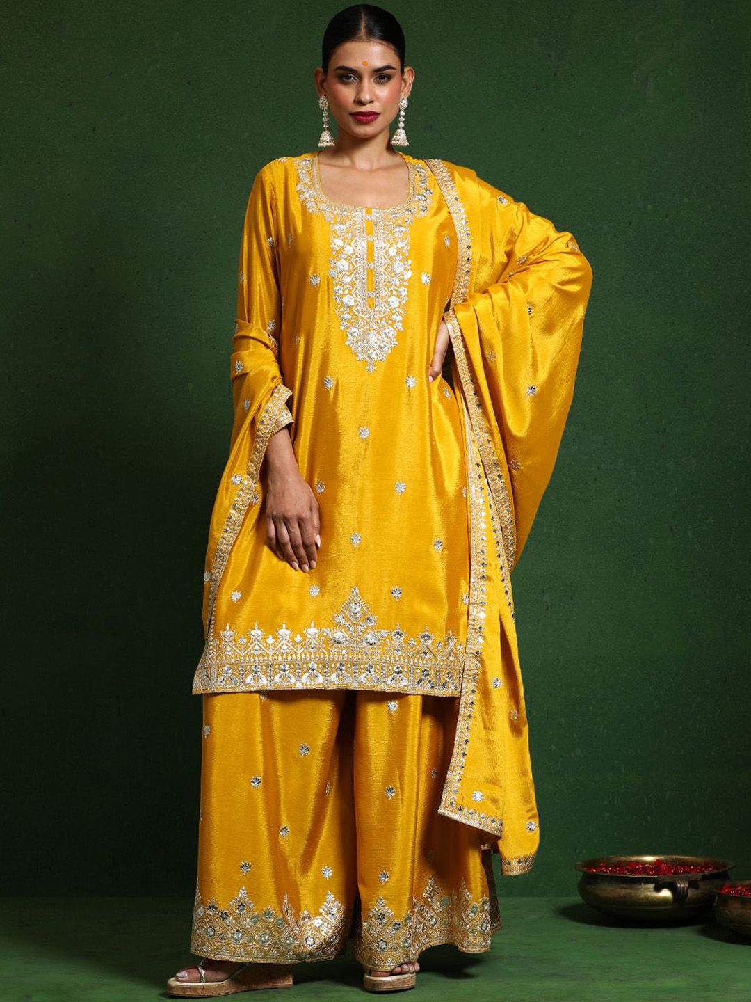 Dhiyona VA Floral Embroidered Zari Work Straight Kurta With Palazzos & Dupatta