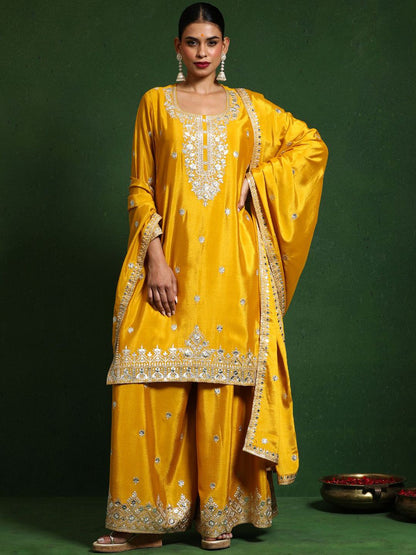 Dhiyona VA Floral Embroidered Zari Work Straight Kurta With Palazzos & Dupatta