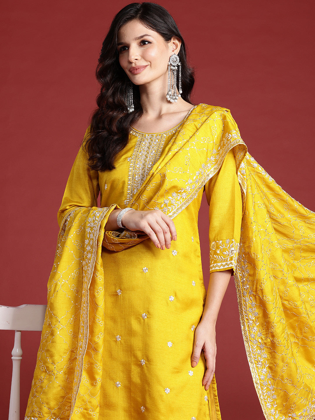 Floral Embroidered Sequinned Kurta With Trousers & Dupatta