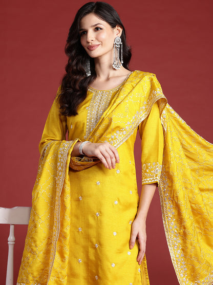 Floral Embroidered Sequinned Kurta With Trousers & Dupatta