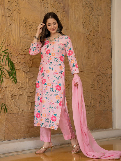 Dhiyona KL Floral Printed V-Neck Thread Work Straight Kurta With Trousers & Dupatta