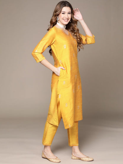 Dhiyona IS Women's Women Yellow Ethnic Motifs Printed Sequinned Kurta with Trousers