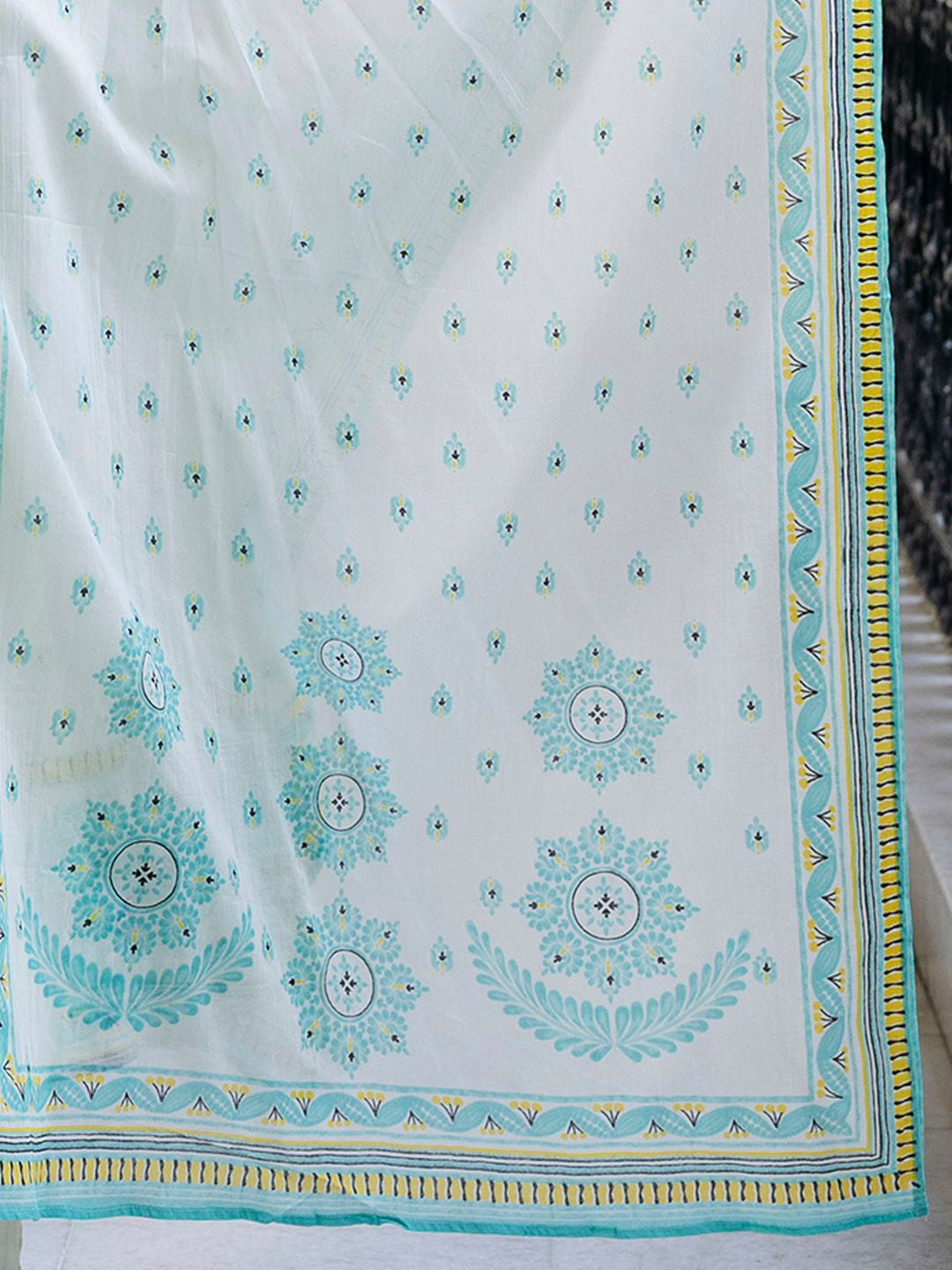 Floral Printed V-Neck Pleated Pure Cotton A-Line Kurta With Trouser And Dupatta
