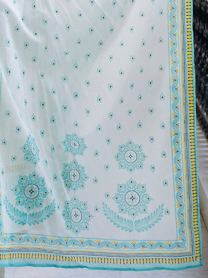 Floral Printed V-Neck Pleated Pure Cotton A-Line Kurta With Trouser And Dupatta