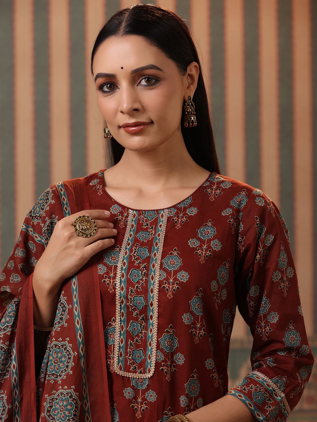 Dhiyona RR Women's Floral Printed Pure Cotton Kurta with Trousers & Dupatta