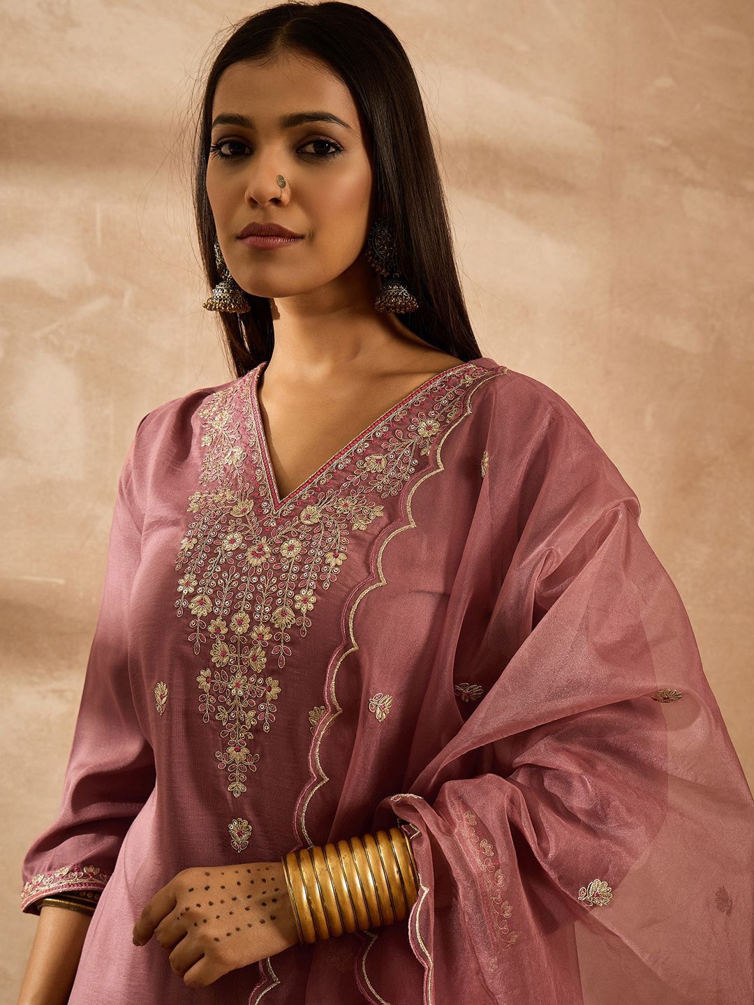 Dhiyona IE Women Ethnic Motifs Embroidered Regular Sequinned Kurta with Trousers & With Dupatta