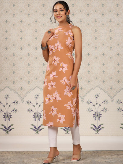Dhiyona OD  Floral Printed Sleeveless Pure Cotton Straight Kurta