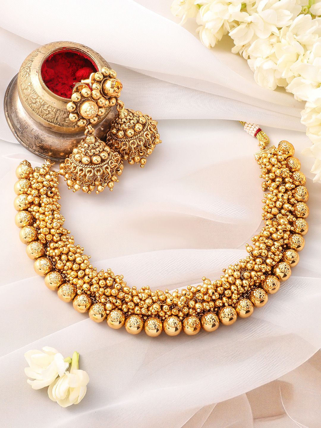 Dhiyona RJ Women's 22K Gold-Plated Golden Beads Studded Beaded Traditional Jewellery Set