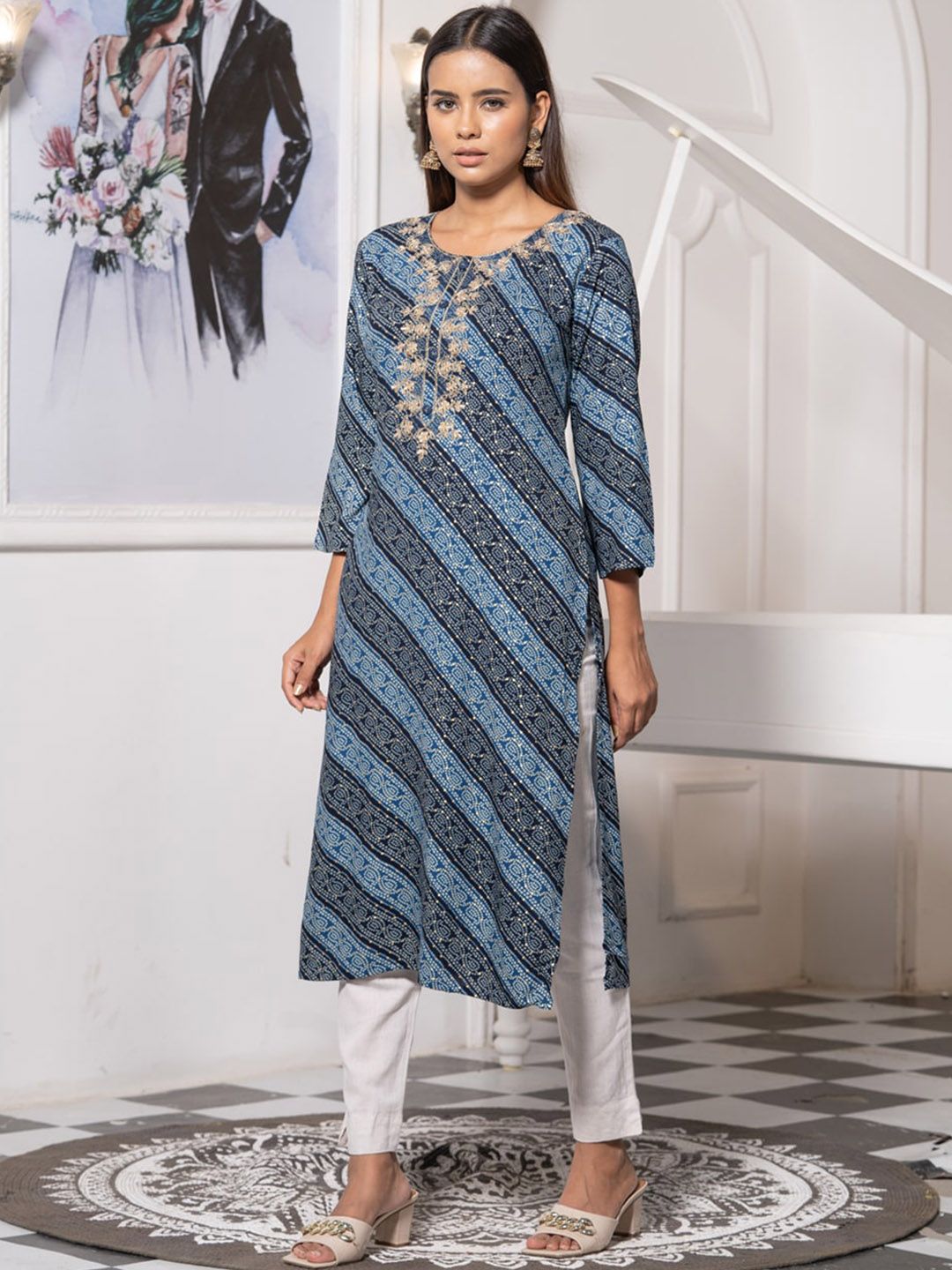 Dhiyona OD  Round Neck Printed Mirror Work Floral Kurta