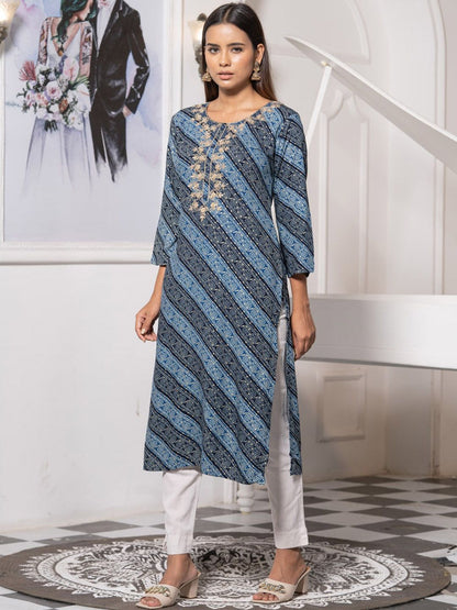 Dhiyona OD  Round Neck Printed Mirror Work Floral Kurta