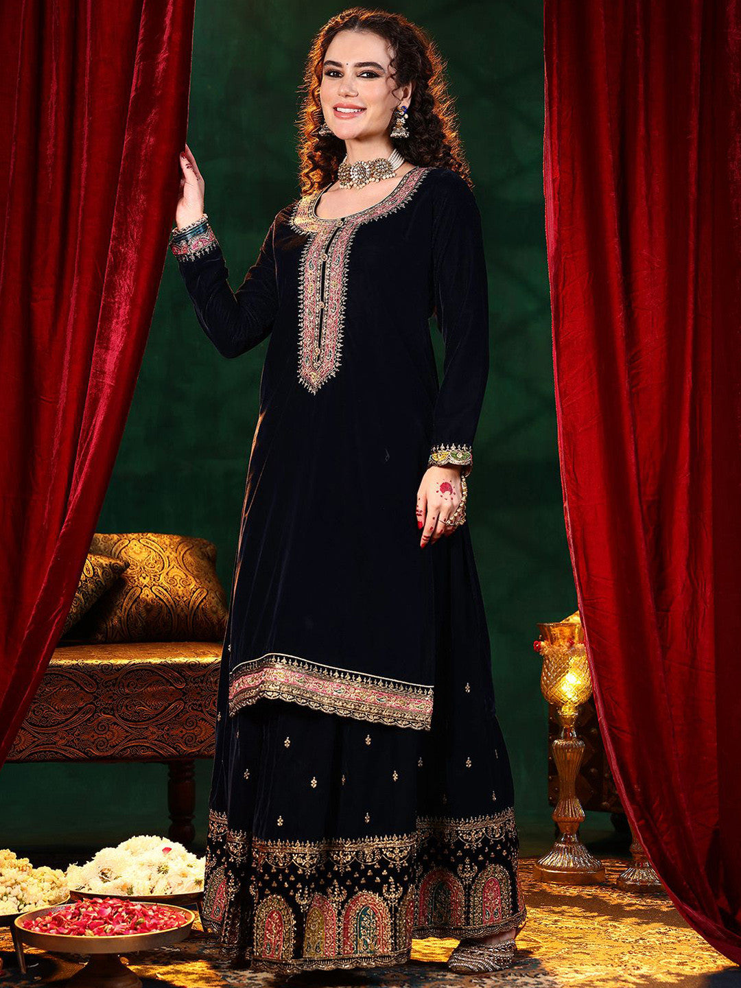 Paisley Embroidered Zari Straight Velvet Kurta With Skirt & Dupatta