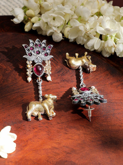 Dhiyona RJ Women's Dual-Tone Oxidised Lotus Motif Drop Earrings with Pink Stone and Gold Cow Charm