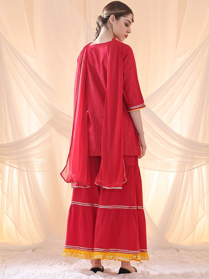 Dhiyona AN Floral Yoke Design Thread Work Pure Cotton Straight Kurta With Sharara & Dupatta