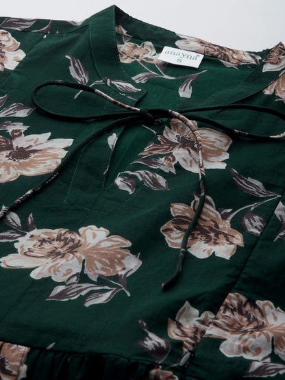 Dhiyona AY Women's Green & Beige Floral Print Cotton Maternity A-Line Dress