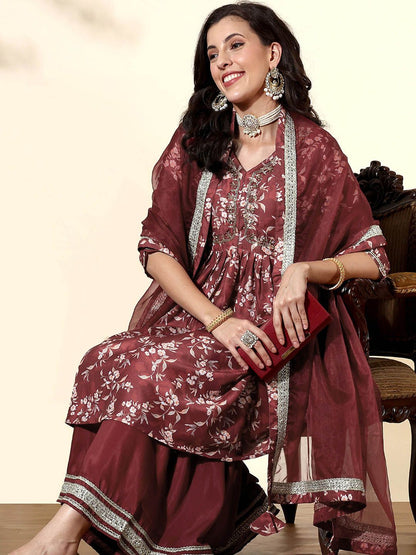 Dhiyona AN Ethnic Motifs Printed Empire Anarkali Kurta with Sharara & With Dupatta