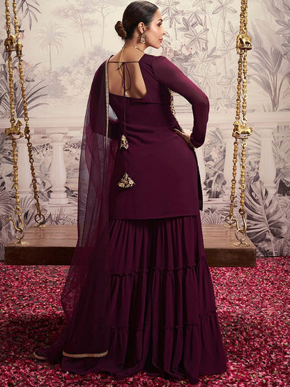 Dhiyona IN Floral Embroidered Square Neck Long Sleeve Sequinned Kurta Set With Dupatta
