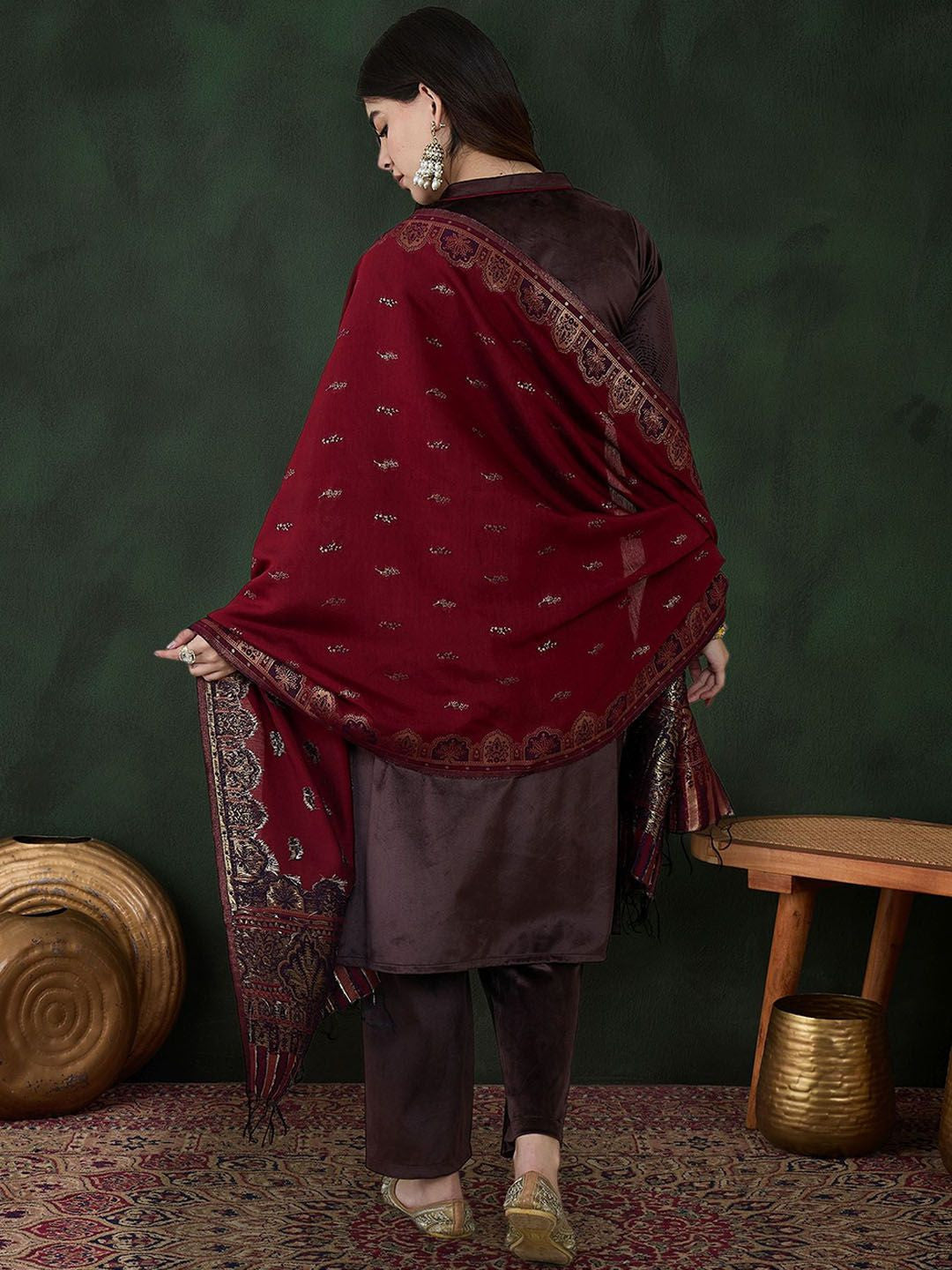 Coffee Brown Floral Embroidered Velvet Kurta With Trouser With Dupatta