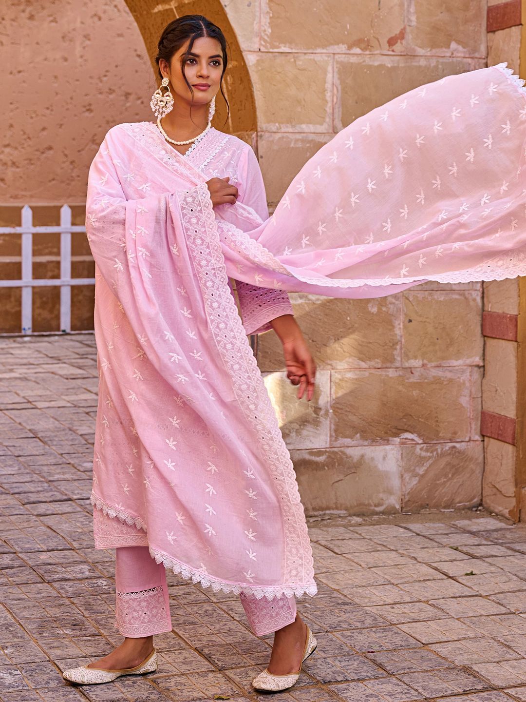 Dhiyona IE Women Ethnic Motifs Embroidered Cotton Kurta with Trousers & Dupatta
