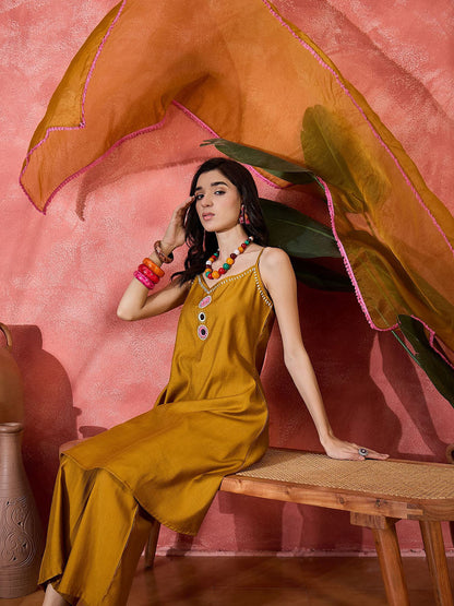 Embroidered Shoulder Straps Kurta With Trouser & Dupatta