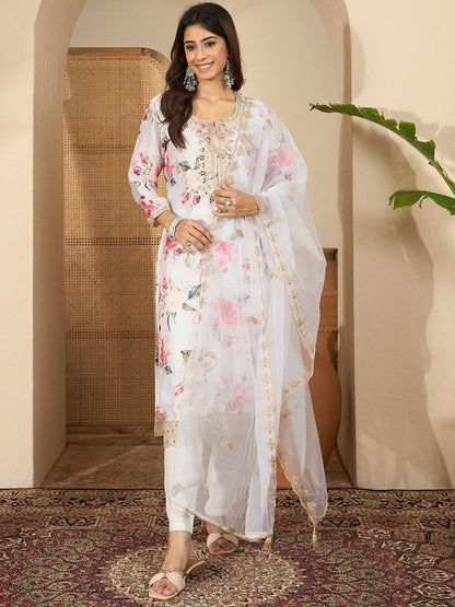 Women Floral Printed Regular Thread Work Kurta with Trousers & With Dupatta