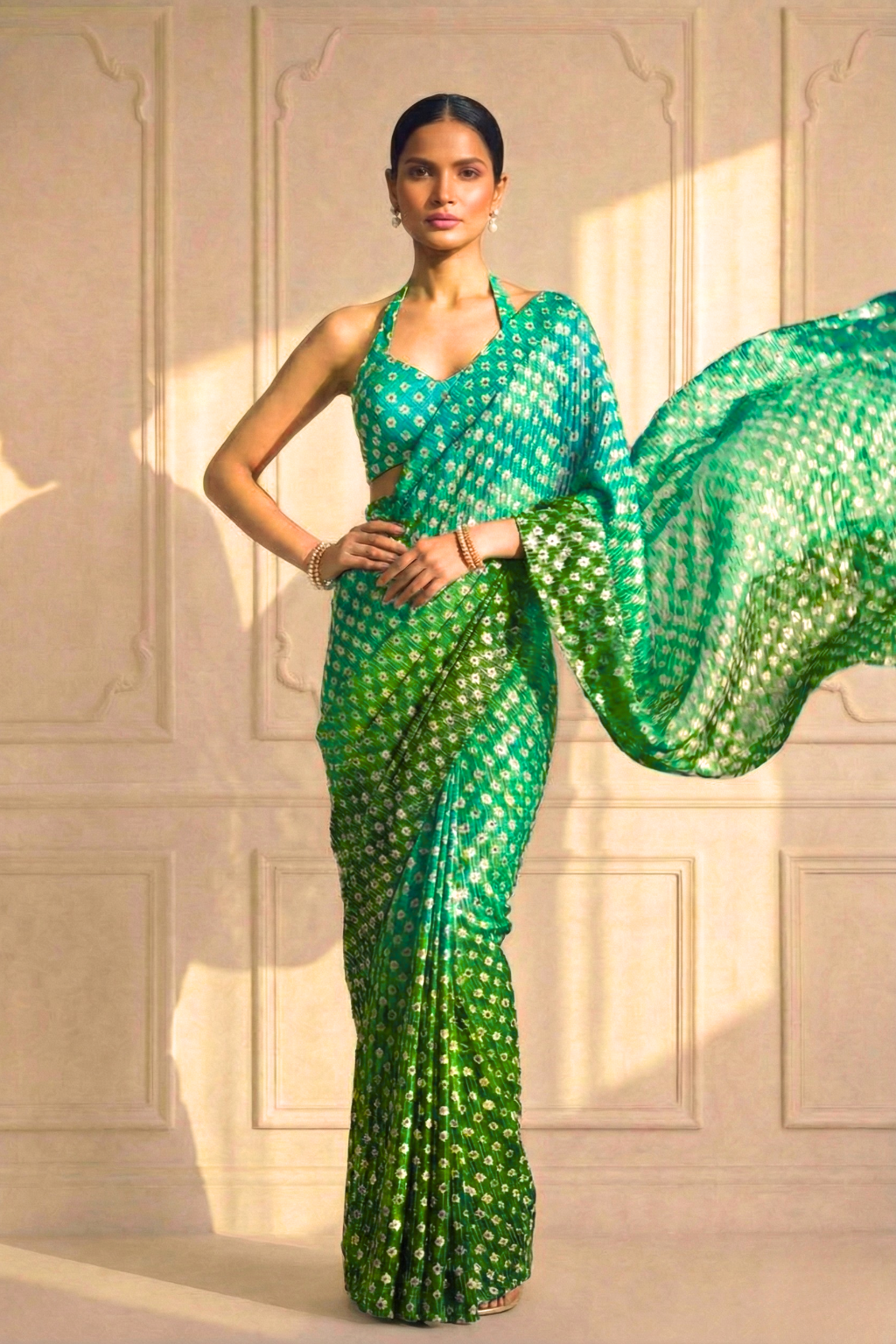 Dhiyona ST Sunrise Blue Green Ombre' Knitted Printed Sequin Saree with Blouse Fabric