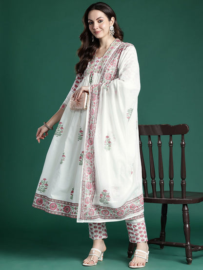 Dhiyona IE Floral Printed Pure Cotton Kurta with Trousers & Dupatta