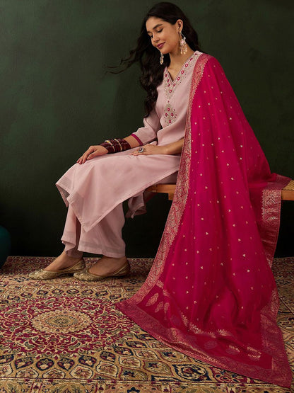 Dhiyona SN Peach Floral Embroidered V-Neck Straight Kurta With Palazzo & Dupatta