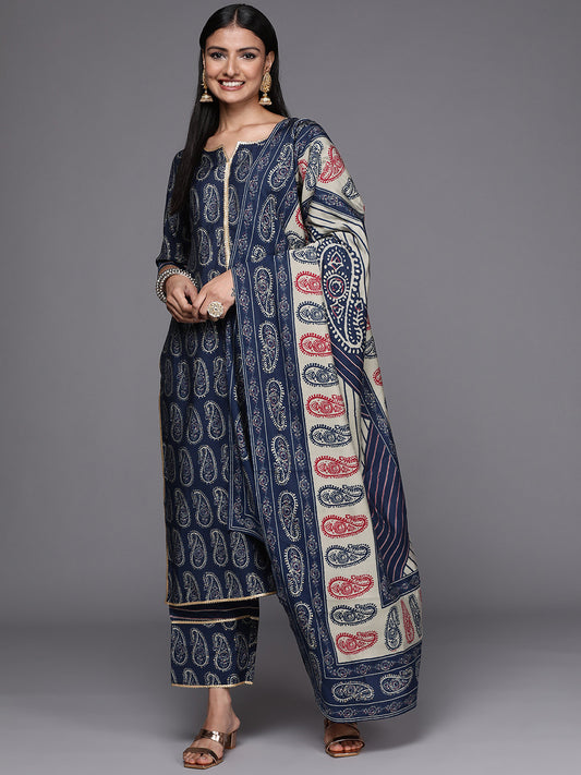 Women Navy Blue Paisley Printed Gotta Patti Kurta with Trousers & With Dupatta