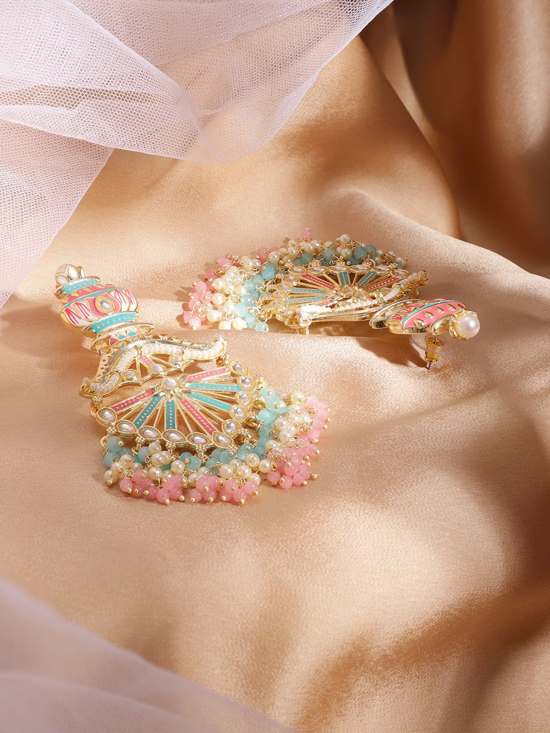 Dhiyona RJ Women's 22K Gold-Plated Multicolor Enamel with Mint Green and Pastel Pink Beaded Chandelier