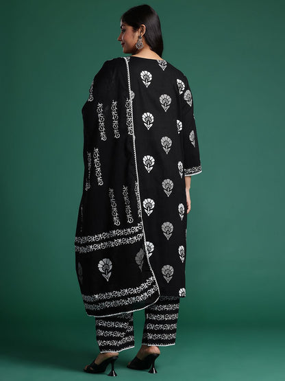 Dhiyona IE Floral Printed Regular Pure Cotton Kurta with Trousers & Dupatta