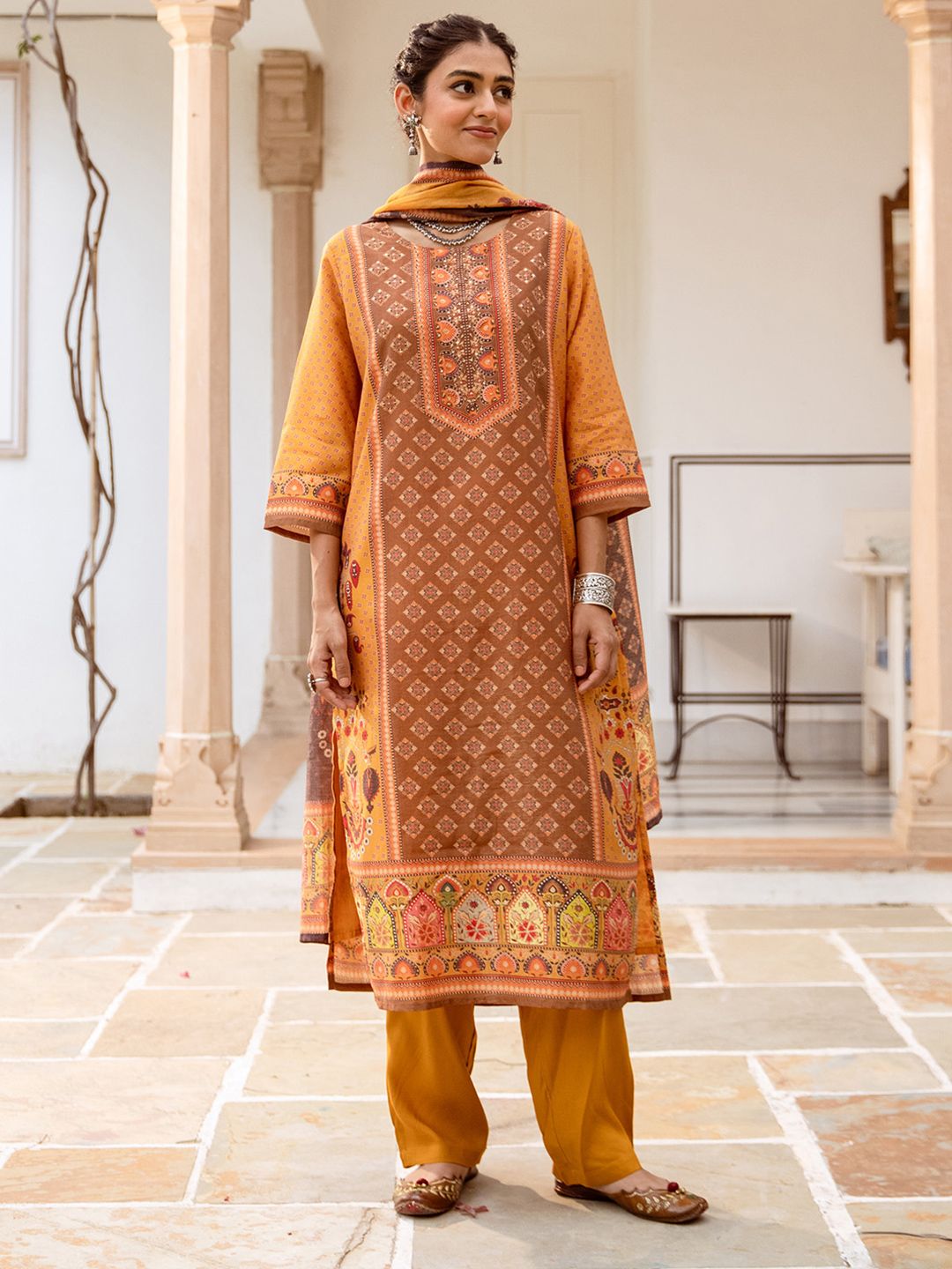 Dhiyona IS Women's Ethnic Motifs Printed Pure Cotton Round Neck Straight Kurta with Trousers & Dupatta