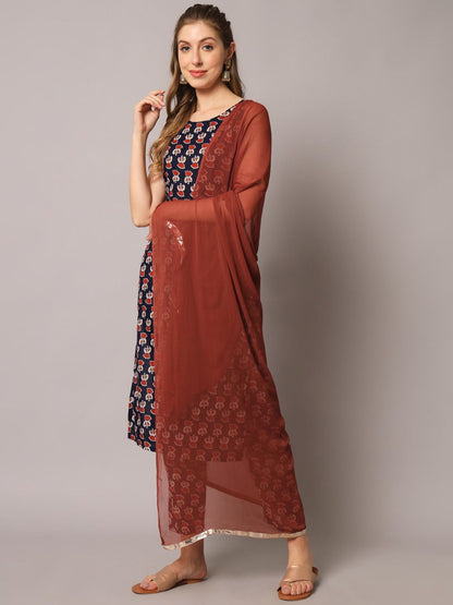 Dhiyona KL Floral Printed Round Neck Gotta Patti Straight Kurta With Trousers & Dupatta