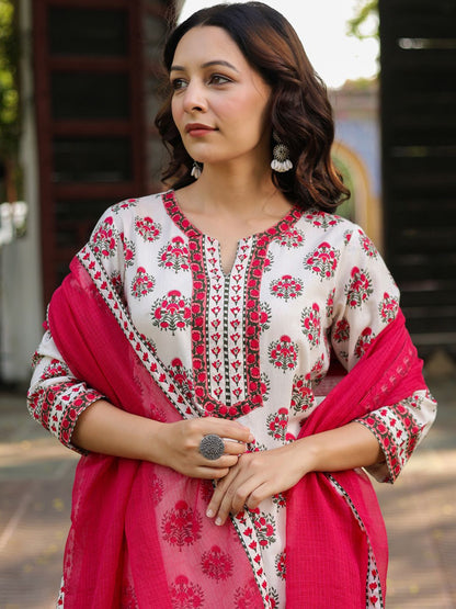 Dhiyona RR Women's Floral Printed Notch Neck Pure Cotton Kurta With Trousers & Dupatta