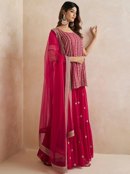 Dhiyona IN Magenta Floral Embroidered Straight Kurti & Sharara With Dupatta