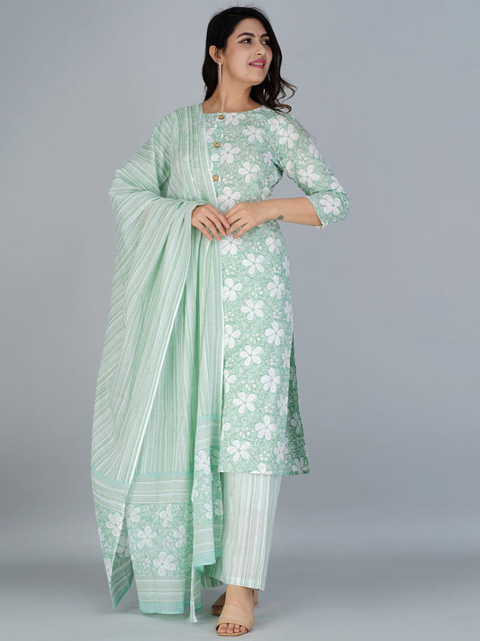 Dhiyona KL Floral Printed Regular Pure Cotton Kurta with Palazzos & With Dupatta