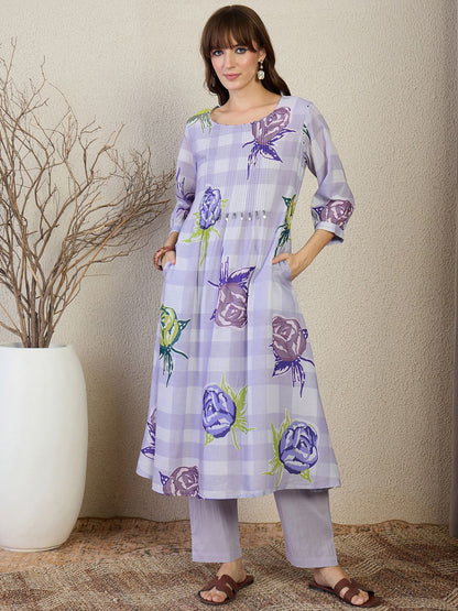 Floral Printed Pure Cotton A-Line Kurta With Trouser